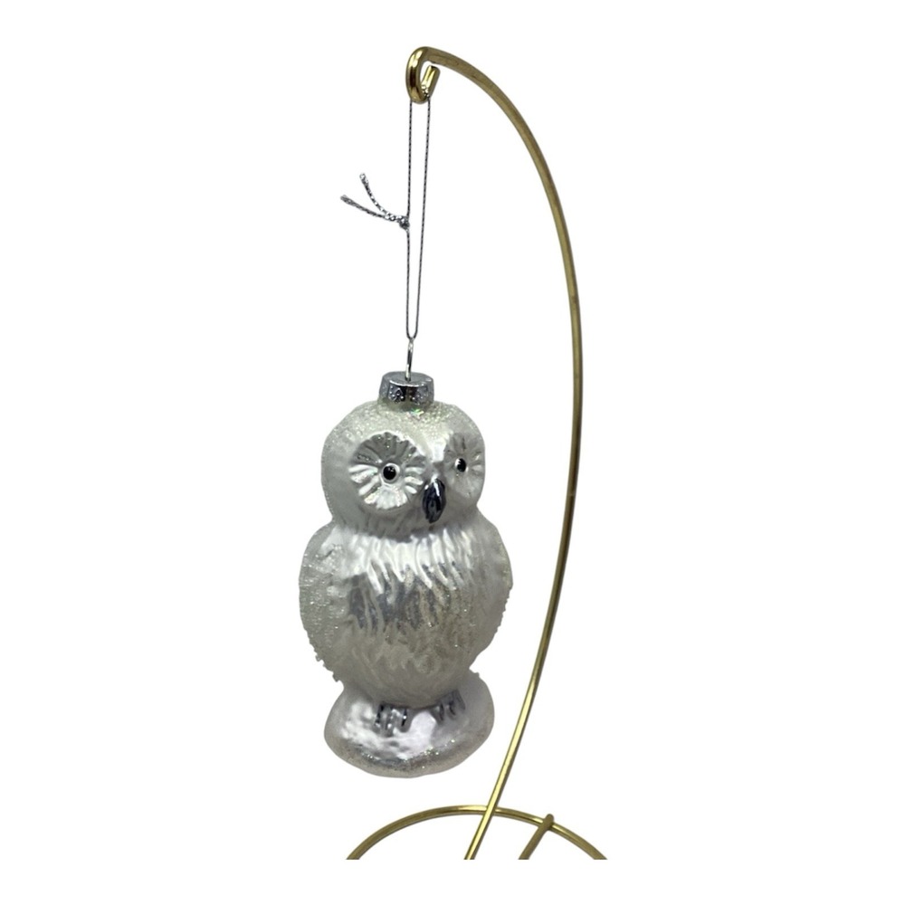 Blown Glass Great White Snow Owl Christmas Ornament With Glitter 6"